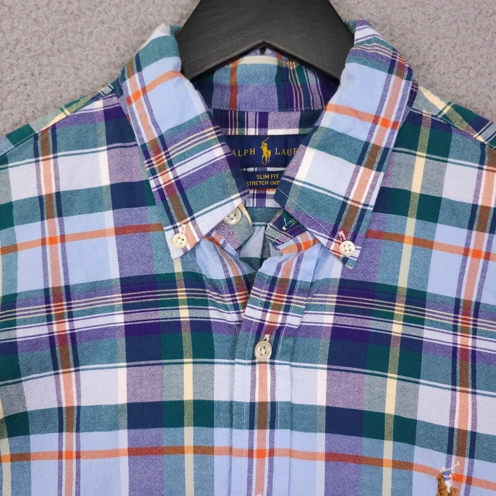 Polo Ralph Lauren Oxford Shirt Mens Medium Blue Plaid Slim Fit Stretch Button